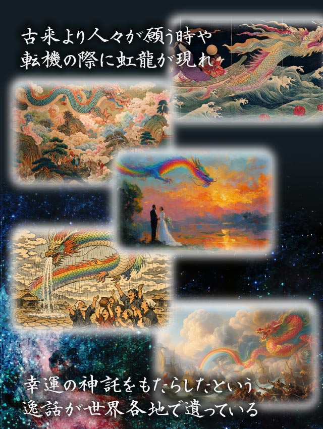 古来より人々が願う時や転機の際に虹龍が現れ幸運の神託をもたらしたという逸話が政界各地で遺っている